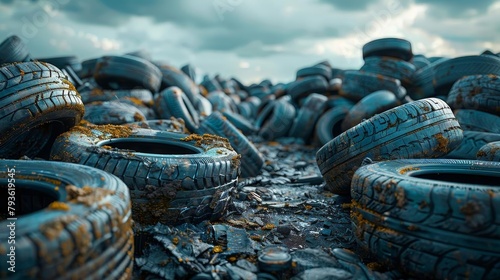 A large pile of discarded tires, showing the treads and sidewalls. photo