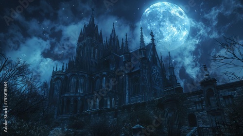 A Gothic style house under a full moon, its towering spires and stone gargoyles silhouetted against the night sky, exuding a sense of mystery and ancient secrets lurking within