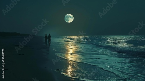 A romantic scene on a beach where the moon casts a shimmering path of light across the ocean, with a couple walking hand in hand in the moons gentle shade, reflecting tranquility and intimacy