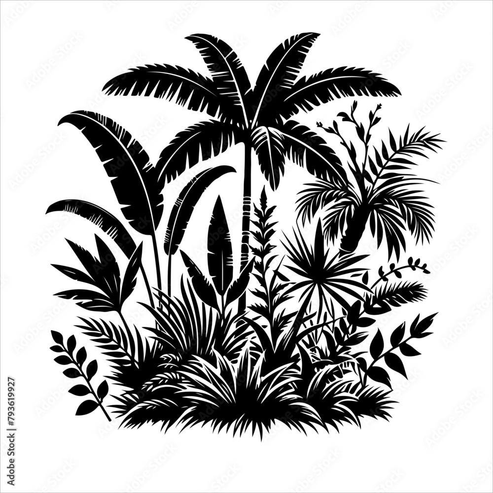 Jungle plant silhouette vector. Flowers and leaves of the jungle. Vector illustration