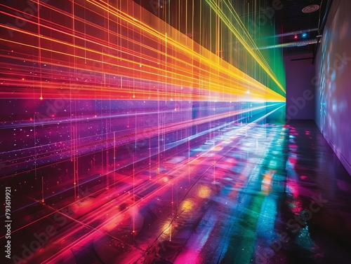 A stunning visual of a light spectrum display in a science museum, where beams of light are passed through a prism and spread into a vibrant array of colors against a dark backdrop
