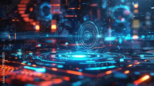 A futuristic background with holographic camera projections and futuristic elements. 