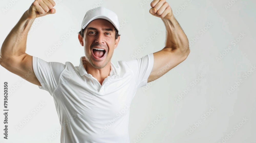 Naklejka premium A sports coach in team apparel, giving a motivational speech, exuding energy and leadership, against a clean white background, styled as a sports coaching seminar.