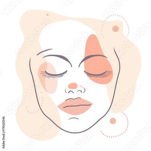 logo, simple line art of woman face in pastel peach color, minimalistic, white background, abstract shapes as eyes and lips, pink dots around her head
