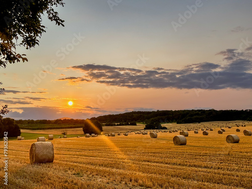 Bales of straw on a stubble field at sunset near Bad Soden, Taunus, Germany.