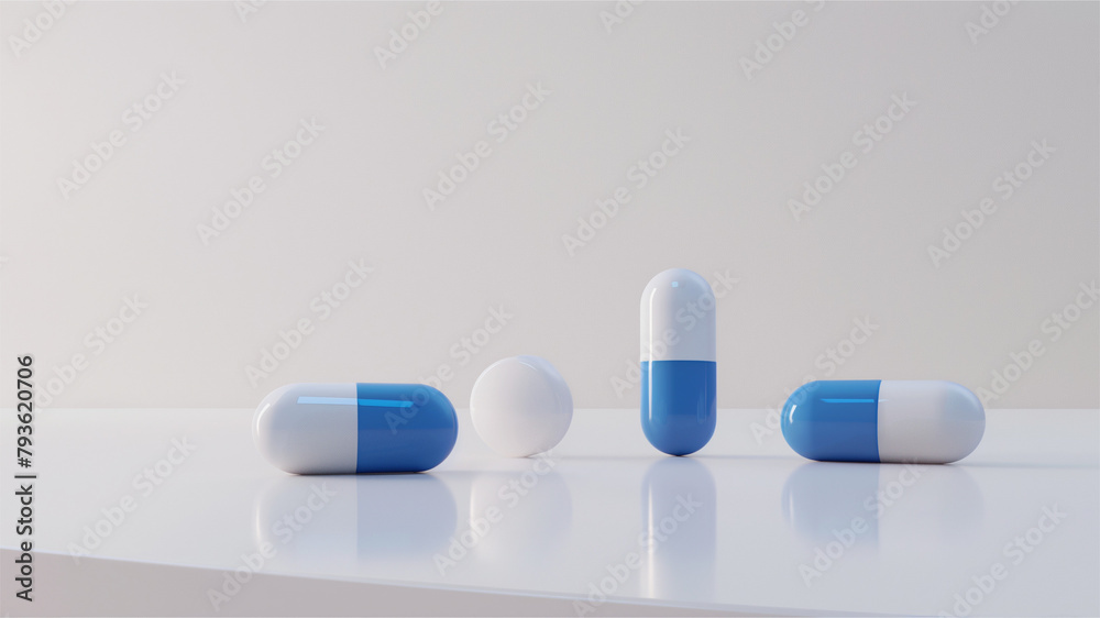High-resolution commercial image of blue and white capsules on a clean white background with copy space on the right, featuring soft colors and gentle lighting. High-resolution commercial image of blue and white capsules on a clean white background with copy space on the right, featuring soft colors and gentle lighting.