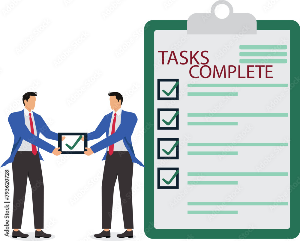 Two businessmen together carrying checkboxes with check marks, completing tasks or items, business list or business mark check