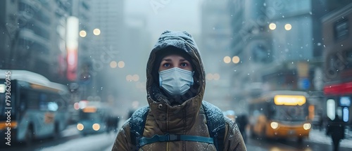 Person in mask outdoors in polluted city concerned about air quality. Concept Air Pollution, Urban Environment, Environmental Activism, Safety Measures, City Life