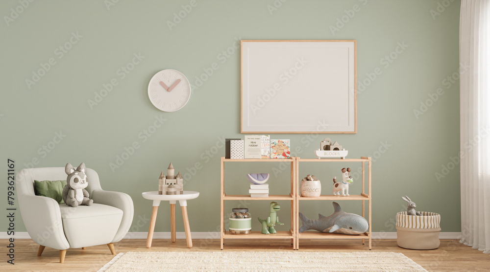 Fototapeta premium Interior of childroom in pastel colors in modern minimalist style. Copy space. Template, 3d rendering 
