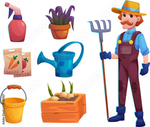 Man farmer in uniform and hat with pitchfork and gardening tools and plants. Cartoon vector set of greenhouse and agriculture elements - farm worker, flower and seed, watering can, bucket and sprayer.