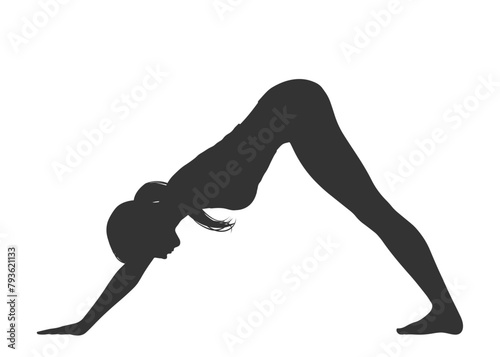 ヨガポーズ ダウンドッグのポーズをする女性のシルエット全身横向きのイラスト
