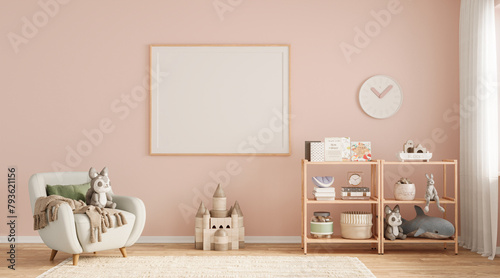 Interior of childroom in pastel colors in modern minimalist style. Copy space. Template, 3d rendering 