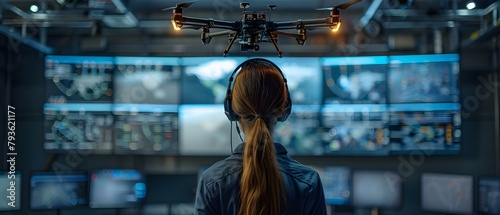 A female engineer controls a drone from a facility's control room. Concept Engineering, Technology, Drone Control, Female Professional, Control Room Scene
