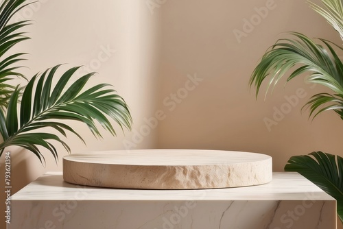Natural stone step pedestal. Beige podium display with green leaves and palm leaves shadow