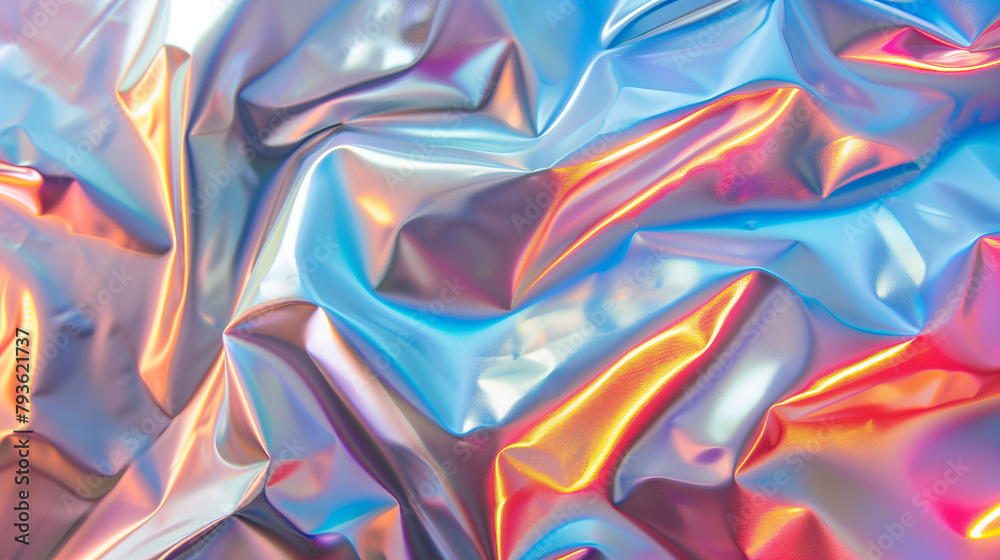 A shiny, metallic fabric with a rainbow of colors. The colors are bright and vibrant, giving the fabric a sense of energy and excitement. The fabric appears to be made of a shiny, reflective material A shiny, metallic fabric with a rainbow of colors. The colors are bright and vibrant, giving the fabric a sense of energy and excitement. The fabric appears to be made of a shiny, reflective material