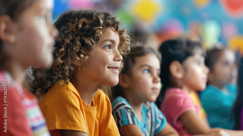 A side view of children attending a Children’s Day workshop or educational activity, with room for event information. A side view of children attending a Children’s Day workshop or educational activity, with room for event information.