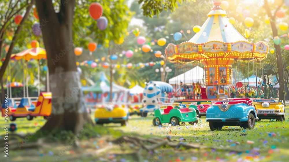 An outdoor scene of a Childrenâ€™s Day festival with games and activities, featuring copyspace for event details.