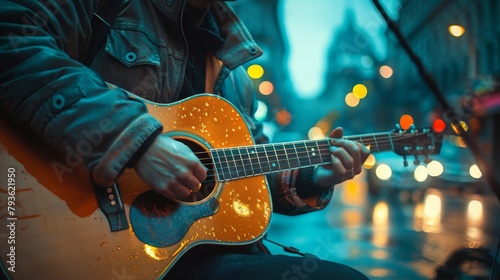 Close-up of Musician Playing Acoustic Guitar on Rainy City Street