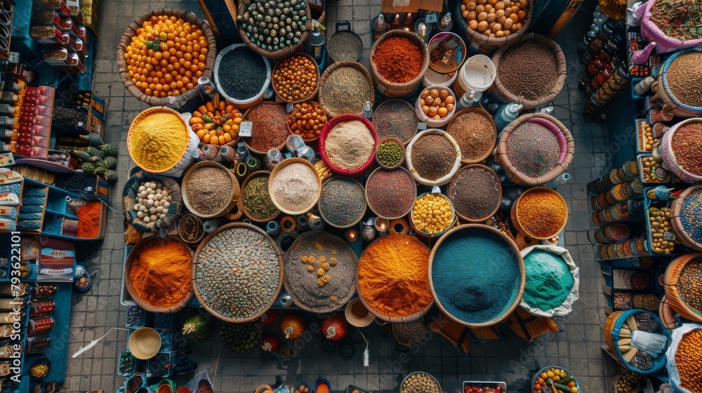 An overhead view of a spice market with various spices in baskets and bowls.