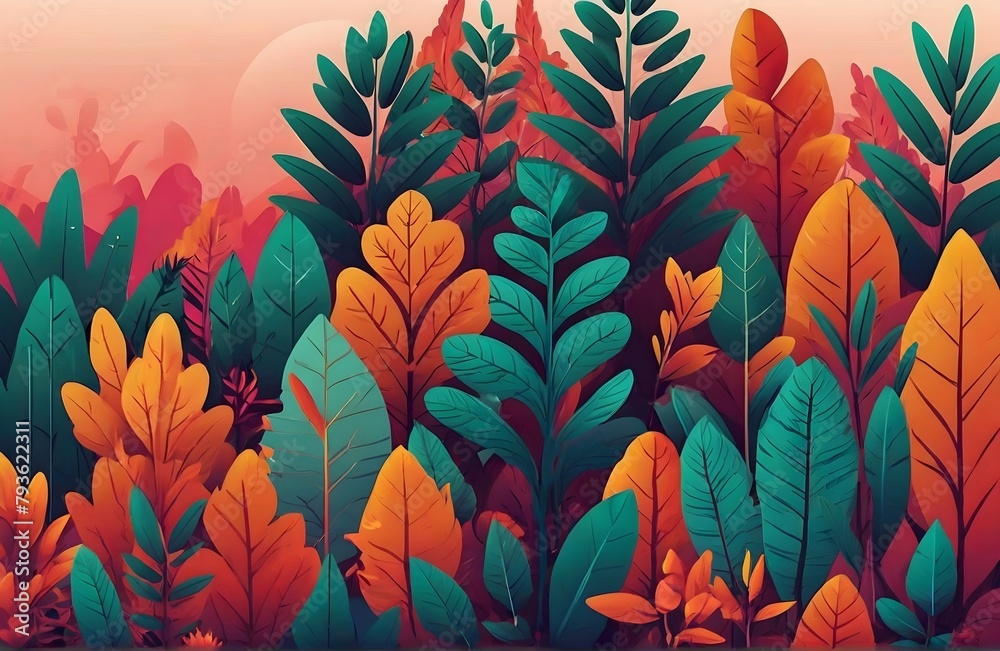 Vector illustration in trendy flat style and bright vibrant gradient colors - background with copy space for text - plants, leaves, trees