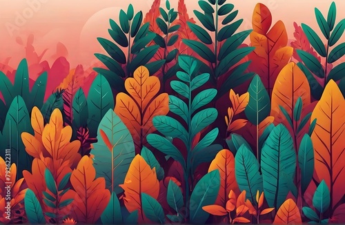 Vector illustration in trendy flat style and bright vibrant gradient colors - background with copy space for text - plants, leaves, trees © Rafli