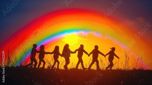 An action shot of people holding hands under a rainbow  promoting love and equality. 