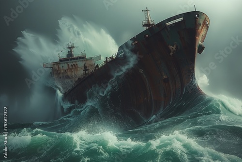 A large rusty ship is being tossed around in a stormy sea. photo
