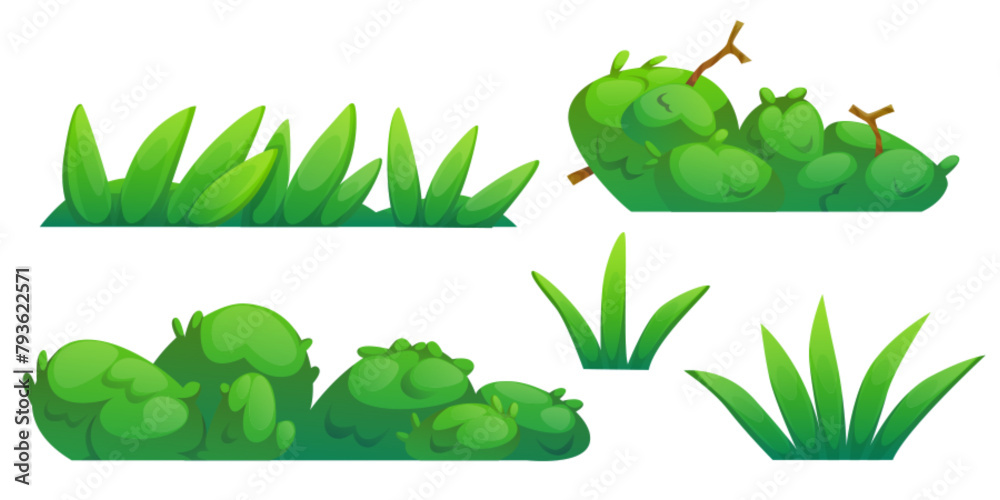 Fototapeta premium Green grass and bushes set isolated on white background. Vector cartoon illustration of lawn border, garden, field, forest, park vegetation with lush foliage, organic herbs, floral design elements