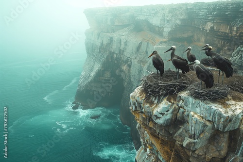 Five birds on a cliff overlooking the ocean. photo