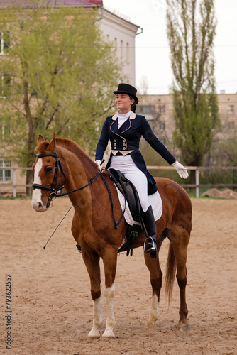 Dressage rider saluting on horseback in sandy arena © Vagengeim