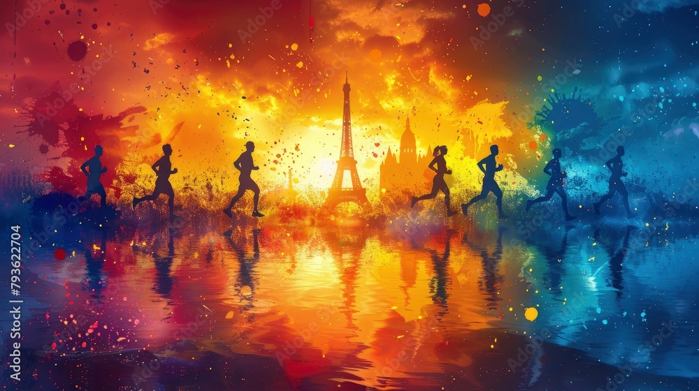 Vibrant vector illustration of marathon runners running past the Eiffel Tower in Paris