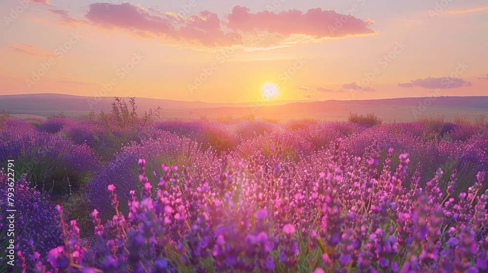 Vast lavender fields bloom in the pastel rays of the rising sun, the gentle warmth of a summer morning