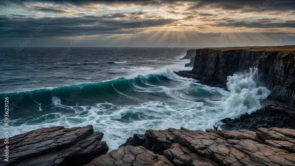 Obraz premium waves crashing on rocks,A large wave crashes against the rocky cliffs under a cloudy sky.