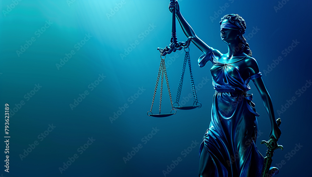 Lady Justice Holding Scales Aloft with Ethereal Blue Lighting Lady Justice Holding Scales Aloft with Ethereal Blue Lighting