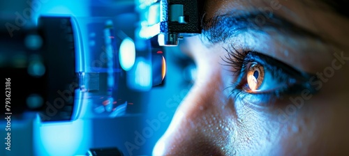 Close up of black woman receiving eye test from doctor with specialized equipment photo