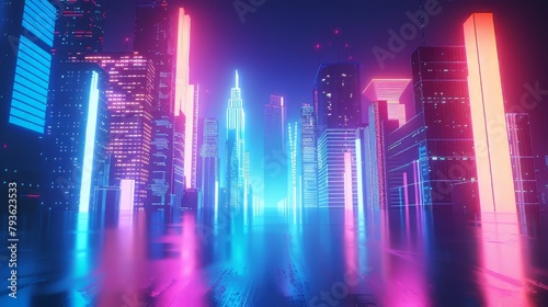 Bright neon cityscapes evoking a sense of fascination and intrigue against a minimalist white surface