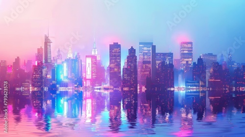 Bright neon cityscapes evoking a sense of wonder and fascination against a pristine white background