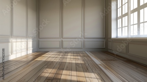 Minimalism empty grey room with hardwood floor