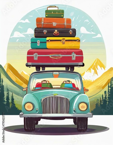 Auto mit vielen Koffern auf dem Dach