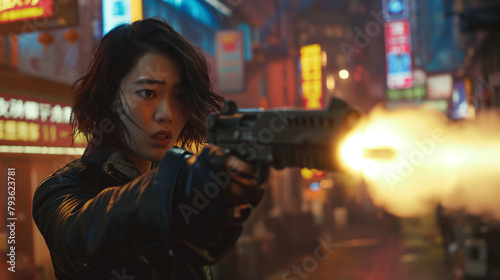 In an Asian city bathed in neon lights  a Korean woman with short  tousled brown hair and a black jacket fires a firearm on the street.