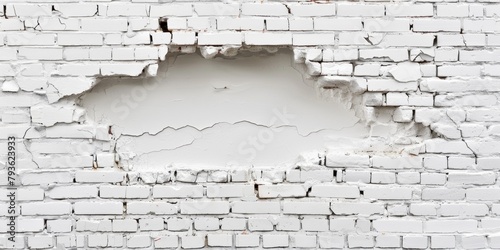 The white brick wall cracked with a large hole in the middle