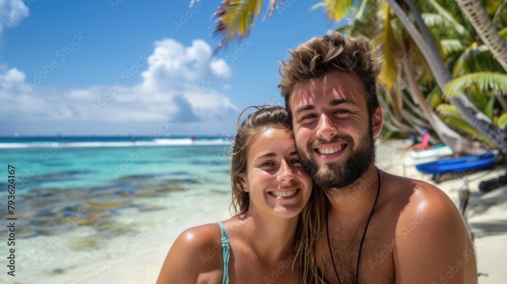 a medium shot portrait of smiling young caucasian couple at the beach