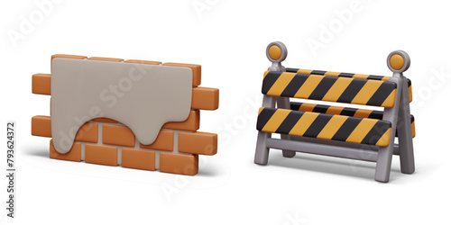 Brick wall with smeared plaster, folding barrier to enclose construction area