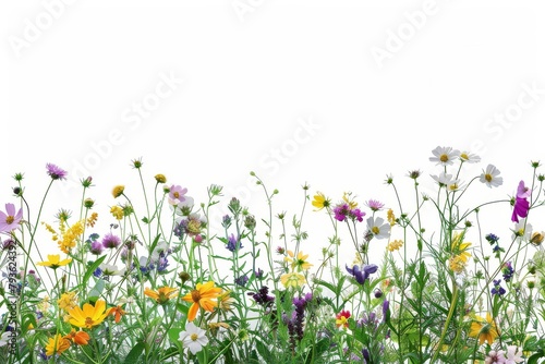 Charming wildflower meadow against a transparent white surface, ideal for natural designs