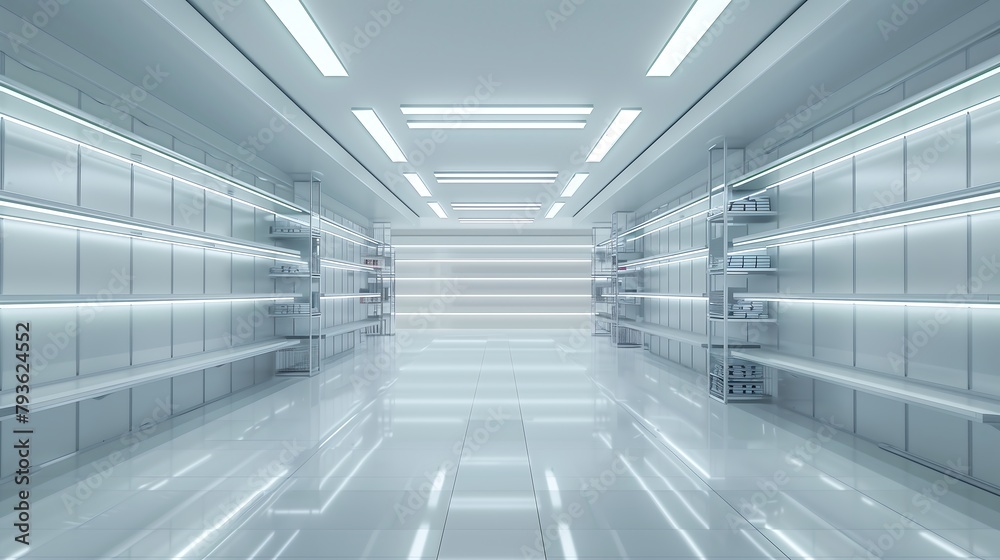 Empty display shelves in a room with white light