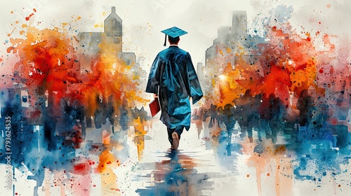 Graduate in cap and gown walking on watercolor background. Mixed media photo