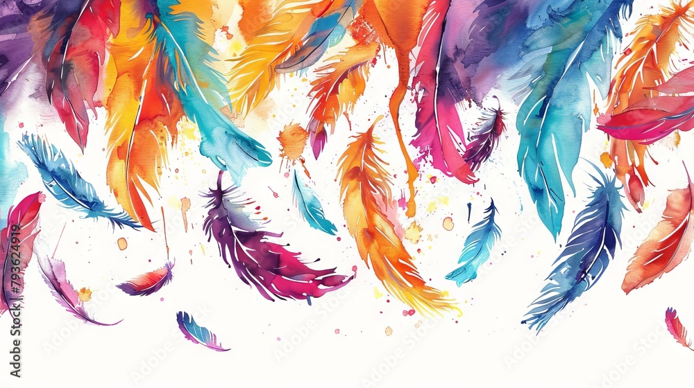 Colorful bohemian feathers bringing joy and vibrancy to a blank white canvas