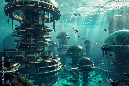 Futuristic Aquatic Cityscape Explored by a Brave Diver