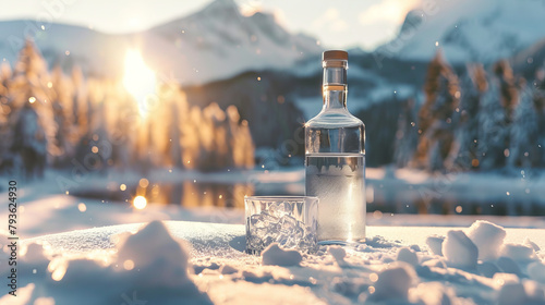 Bottle and glass of Vodka alcohol on snow in front of winter snowy landscape