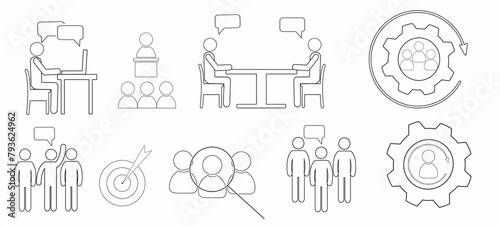 a set of illustrations depicting teamwork, contour drawing of a business line, business development concept, success